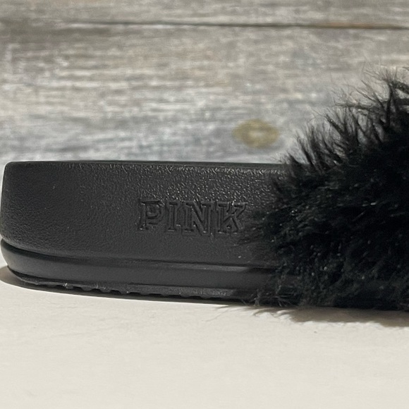 Pink Victoria’s Secret Black Fur Slides Sandals Slippers Size 7 / 8 - Picture 9 of 12
